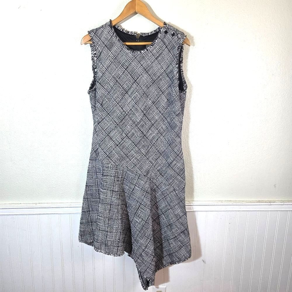Taylor Dress Size 16 Black White Plaid Sheath Dress Fringe Trim Work Career Chic